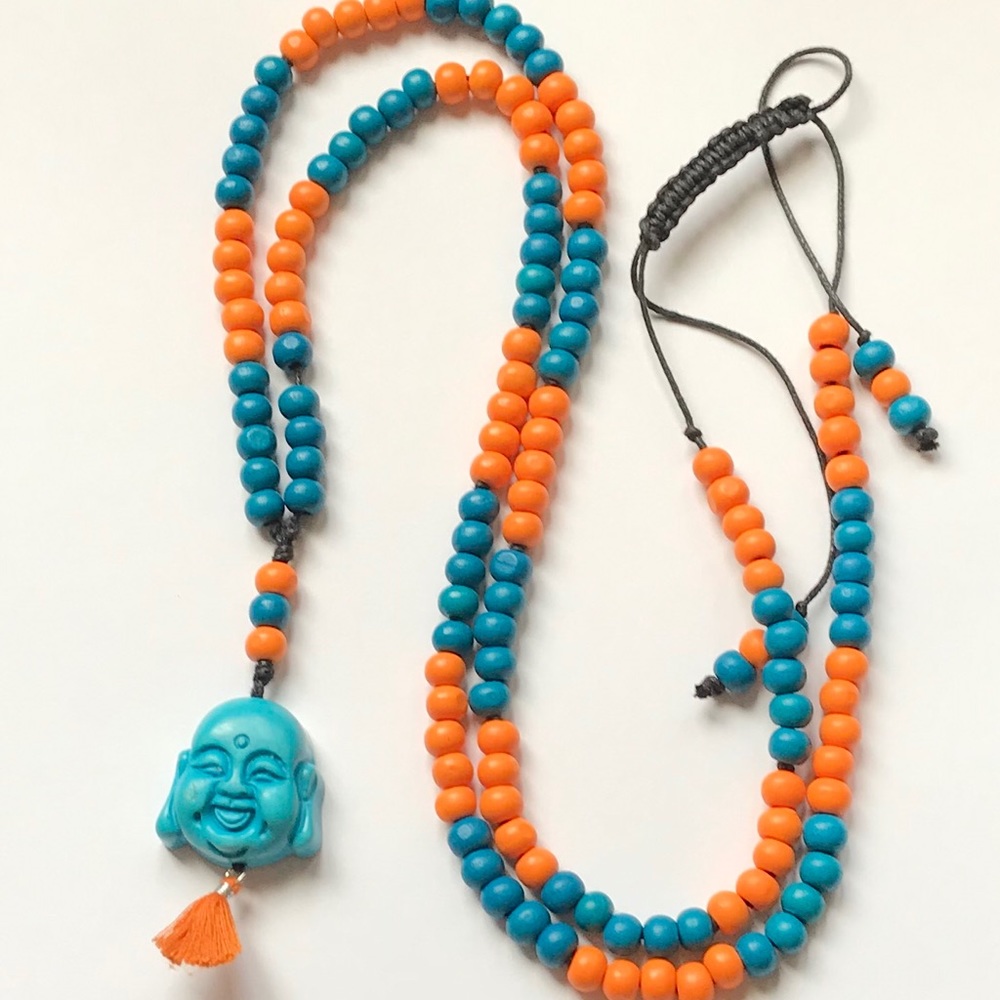 long wood and turquoise tassel buddha necklace